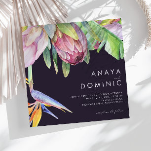 Convite Tropical Floral Colorida Casamento Púrpura Quad