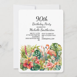 Convite Tropical Floral Flamingo 90 Birthday