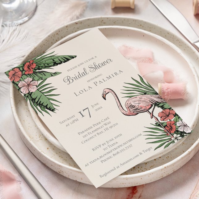 Convite Tropical Floral Flamingo Ivory Chá de panela (Elegant Tropical Bridal Shower Design. Hand-Drawn Pink Flamingo, Hibiscus Flowers, Tropical Greenery)