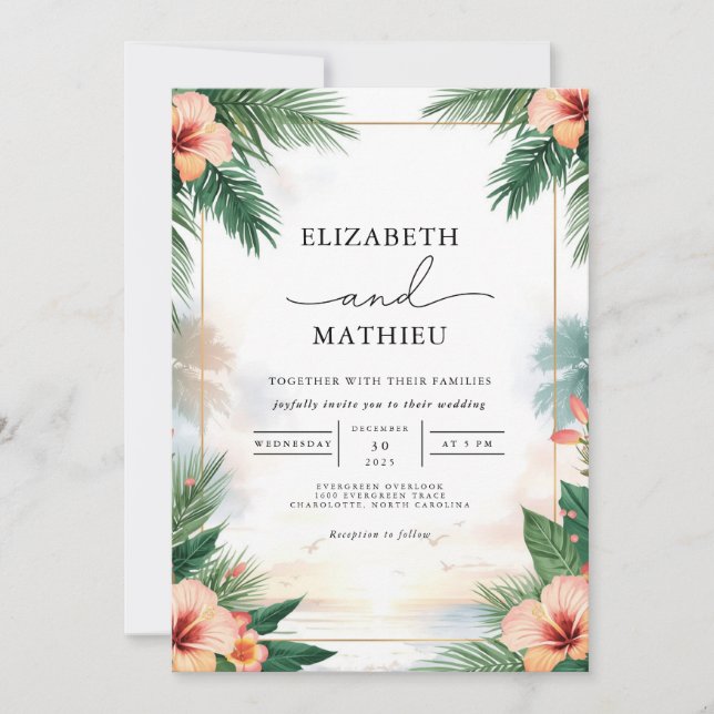 Convite Tropical Floral Frame Romance Wedding (Frente)
