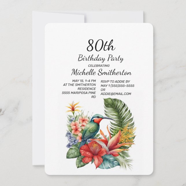 Convite Tropical Floral Hummingbird 80 Birthday (Frente)