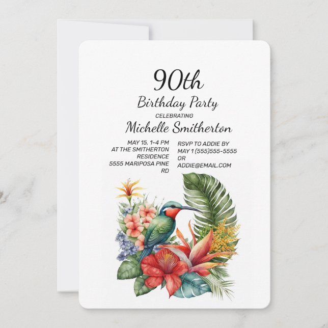 Convite Tropical Floral Hummingbird 90 Birthday (Frente)