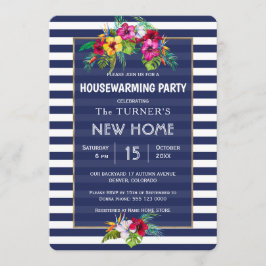 Convite Tropical Floral Luau Marinho Blue Housearming Part