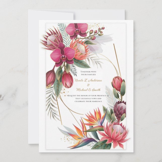 Convite Tropical Floral Paradise Botanical Gold Wedding  (Frente)