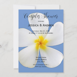 Convite Tropical Floral, Plumeria Branca em Azul, Casais