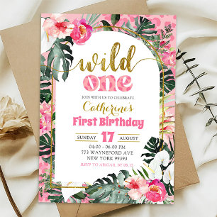 Convite Tropical Floral Rosa Selvagem Primeiro Aniversário