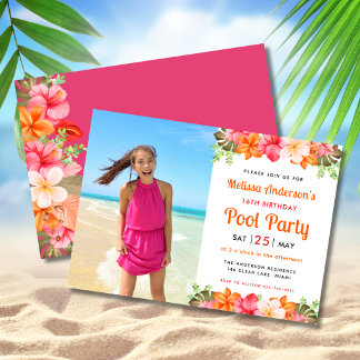 Convite Tropical Floral Swimming Pool Party Birthday Pink