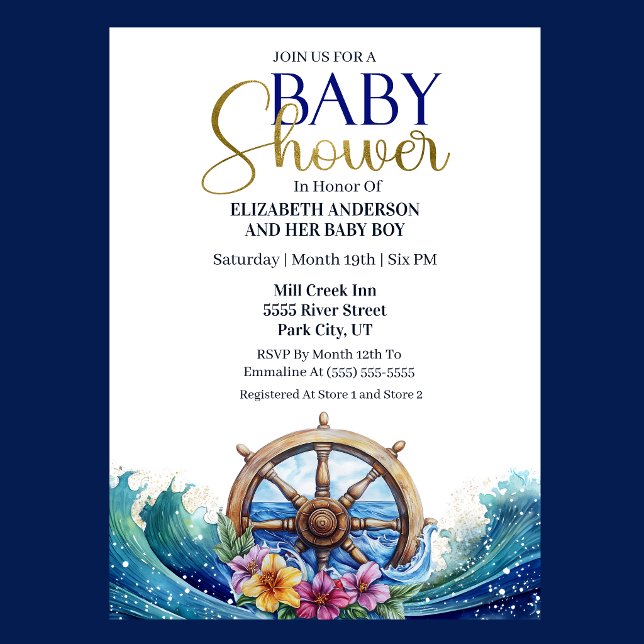 Convite Tropical Flower Sailing Wheel Boy Baby Shower (Nautical Baby Shower invitation with ship wheel, ocean waves, and tropical flowers )