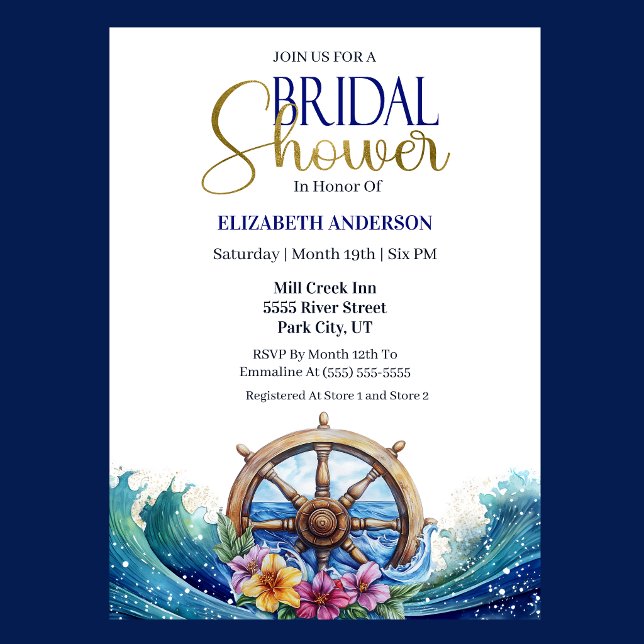 Convite Tropical Flower Sailing Wheel Bridal Shower (Nautical Bridal Shower invitation with ship wheel, ocean waves, and tropical flowers )