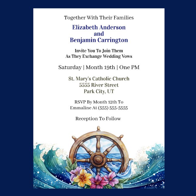 Convite Tropical Flower Sailing Wheel Nautical Wedding (Nautical wedding invitation with ship wheel, ocean waves, and tropical flowers )