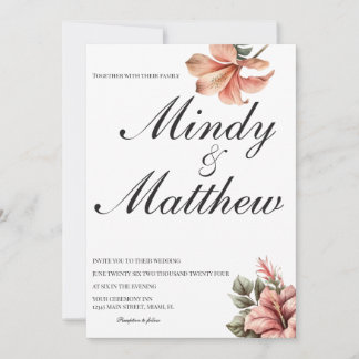 Convite Tropical Flowers Black and White Script Wedding