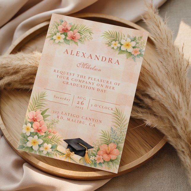 Convite Tropical Gingham Floral Graduation (Criador carregado)