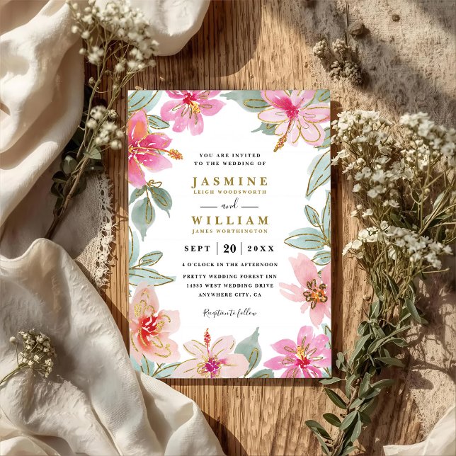 Convite Tropical Glitter Flowers Elegant QR Code Wedding (Criador carregado)