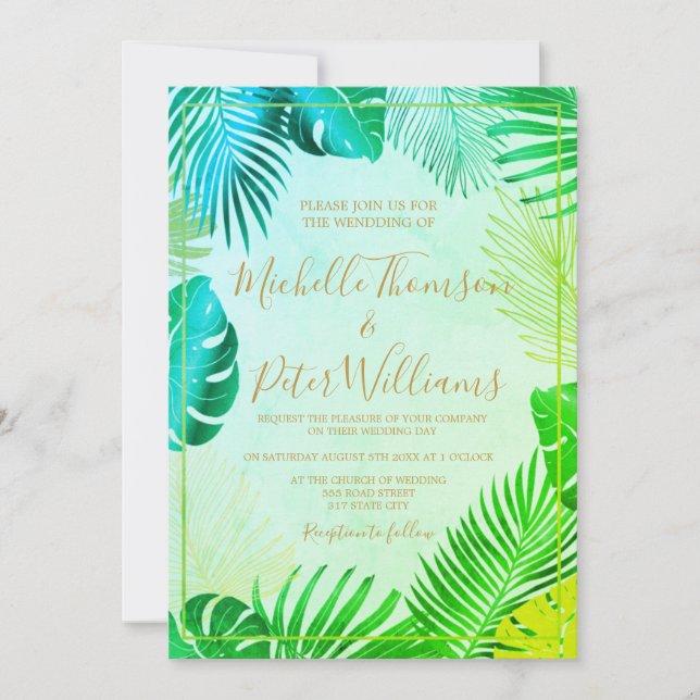 Convite tropical gold watercolor wedding (Frente)
