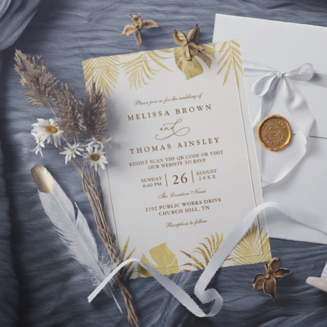 Convite Tropical Golden Paradise Elegant QR Code Wedding (Criador carregado)