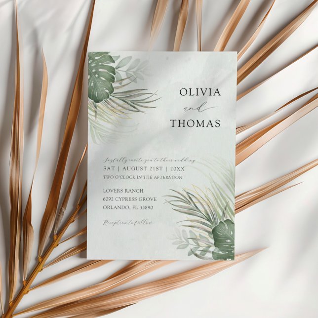 Convite Tropical Green Watercolor Palm Leaves Wedding (Criador carregado)