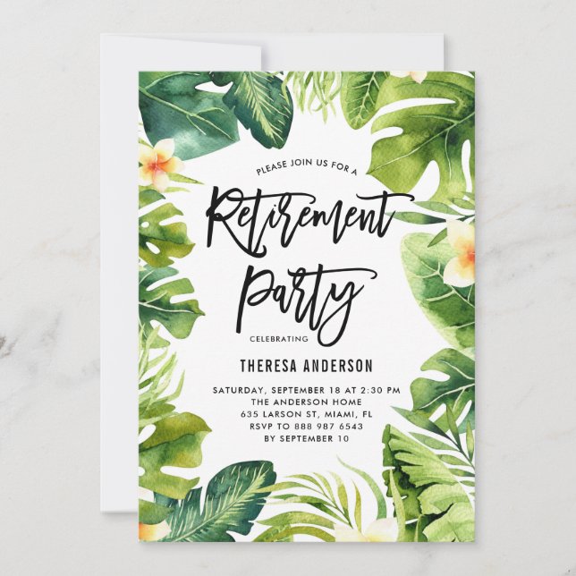 Convite Tropical Greenery and Plumeria Retirement Party (Frente)