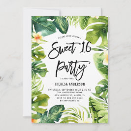 Convite Tropical Greenery and Plumeria Sweet 16 Party