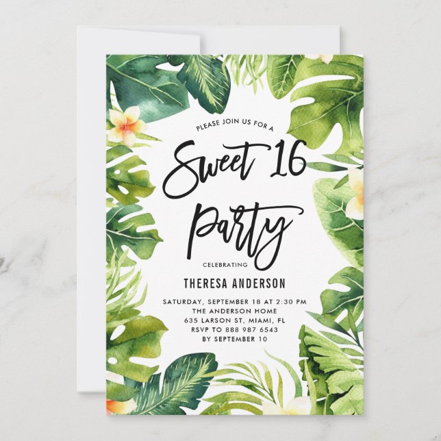 Convite Tropical Greenery and Plumeria Sweet 16 Party (Frente)