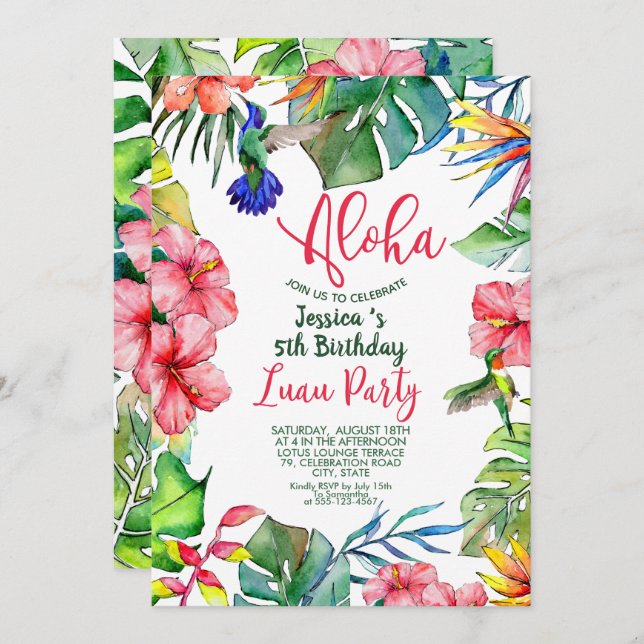 Convite Tropical Havaiana Luau Floral Aniversário (Frente/Verso)
