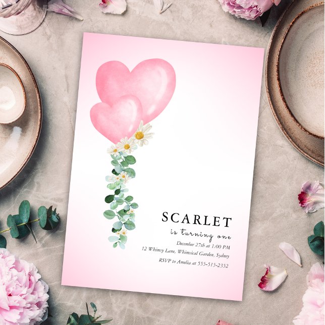 Convite Tropical hearts balloons simple first birthday   (Criador carregado)