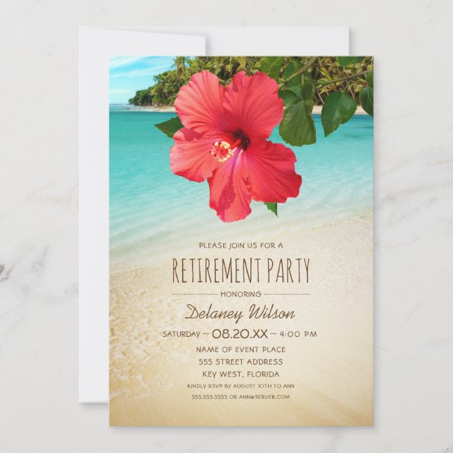 Convite Tropical Hibiscus Corporate Beach Retirement Party (Frente)