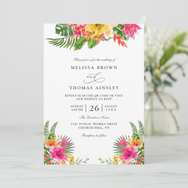 Convite Tropical Hibiscus Floral Elegant QR Code Wedding (Em pé/Frente)