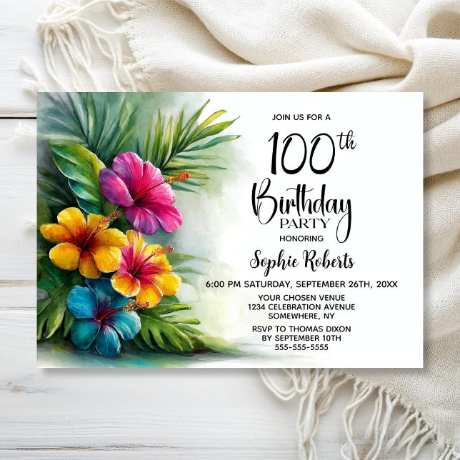 Convite Tropical Hibiscus Flowers 100th Birthday Party (Criador carregado)