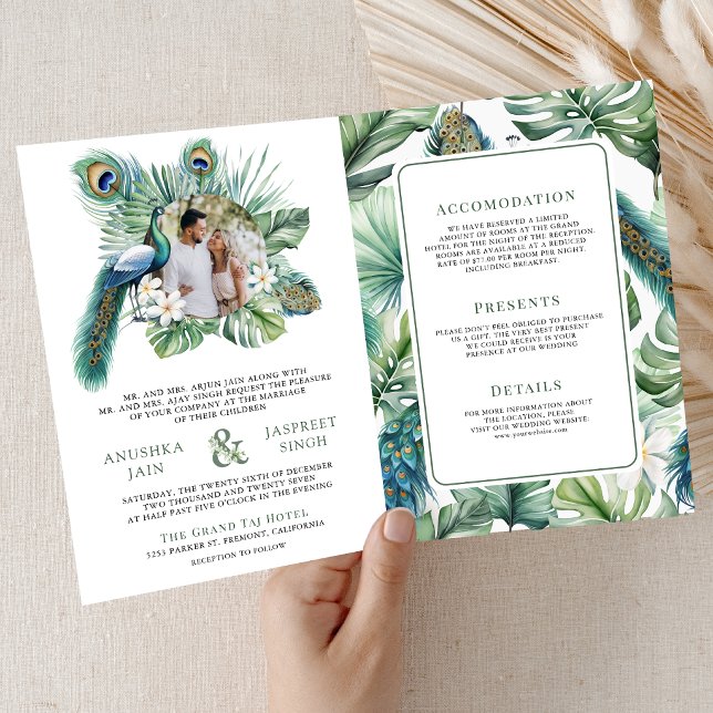 Convite Tropical Indian Peacock Floral All in One Wedding (Criador carregado)