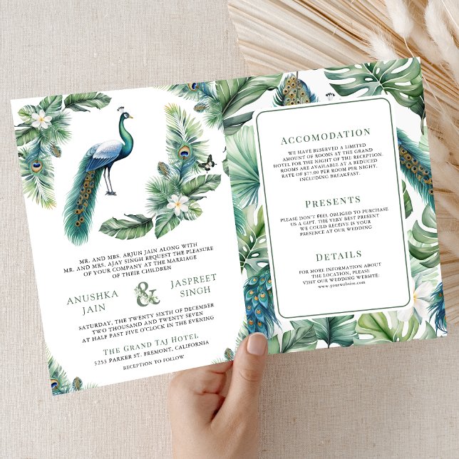 Convite Tropical Indian Peacock Floral All in One Wedding (Criador carregado)