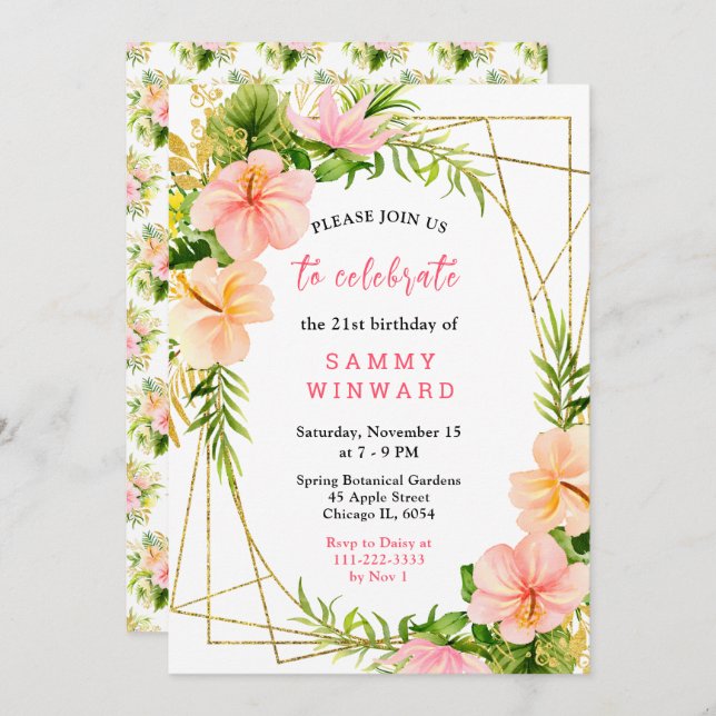 Convite Tropical Jungle with Foliage Birthday (Frente/Verso)