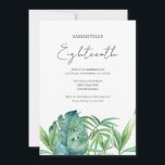 Convite Tropical Luau 18th Birthday Watercolor<br><div class="desc">Celebre em estilo com este elegante convite de 18 anos, perfeito para uma moderna festa de luau tropical. Apresentando as palavras "dezoito" em uma tipografia de tendência, esta design apresenta uma vibração inspirada na ilha — ideal para uma festa de luau tiki de praia ou para uma celebração externa clássica...</div>