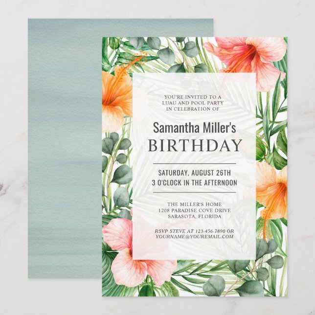 Convite Tropical Luau Birthday Piscina Party (Frente/Verso)