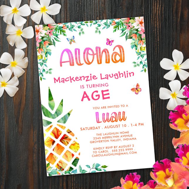 Convite Tropical Luau Girl Birthday Aloha Pineapple (Criador carregado)