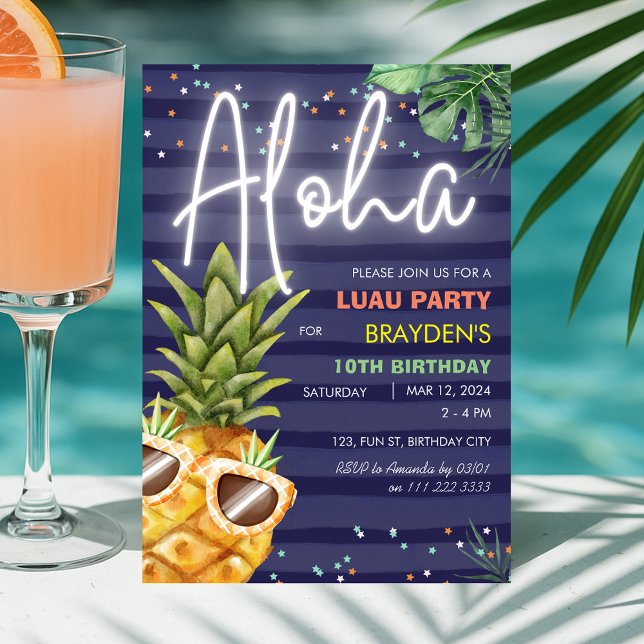 Convite Tropical Luau Pineapple Beach Boy Blue Birday (Tropical Luau Pineapple Beach Boy Blue Birthday Invitation)