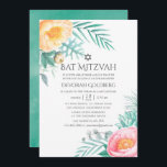 Convite Tropical Mint Floral Summer Bat Mitzvah<br><div class="desc">Mint,  rosa e amarelo exótica bat mitzvah convites com peonias,  eucaliptos,  roseqos,  succulentes,  lisianthus,  folhas e suculentos de menthol</div>