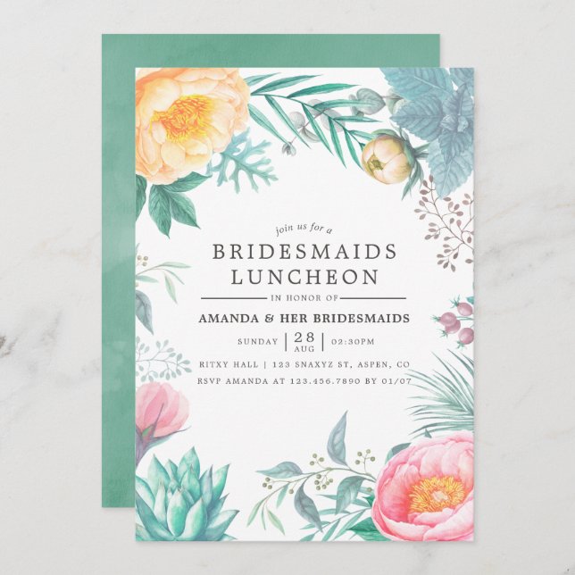 Convite Tropical Mint Floral Summer Bridesmaids Luncheon (Frente/Verso)