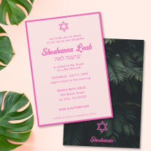 Convite Tropical Mitzvah, Neon Rosa Moderno,