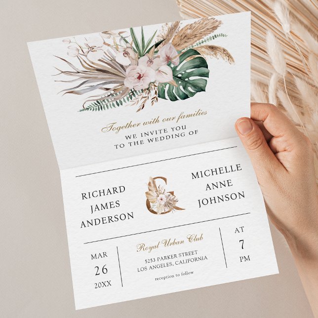 Convite Tropical Monstera Boho Pampas QR Code Wedding (Criador carregado)