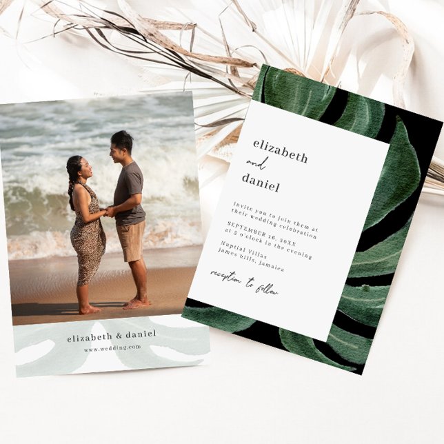 Convite Tropical Monstera Leaf Destination Wedding Photo (Criador carregado)