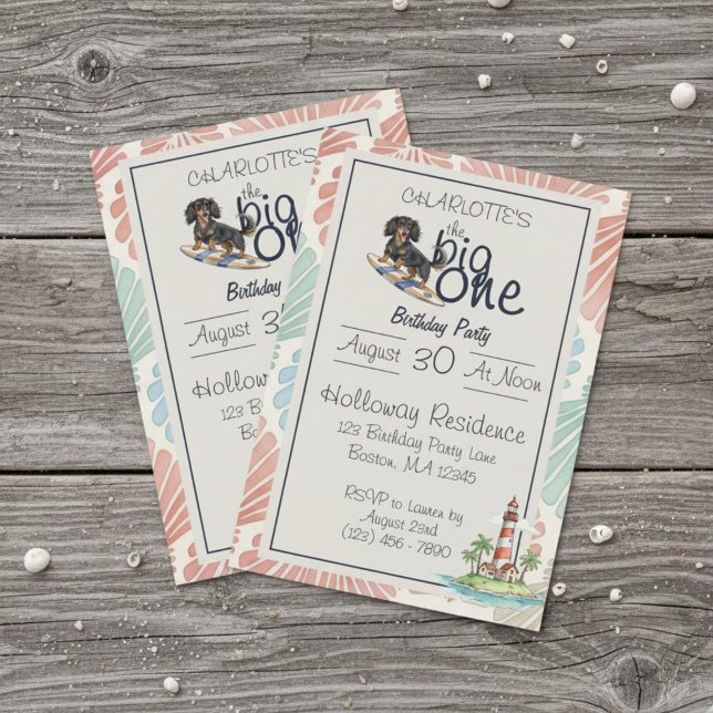 Convite Tropical O Grande Aniversário Do Dachshund De Um S (Celebrate your little one’s special day with this Tropical The Big One Surf Dachshund Birthday!)