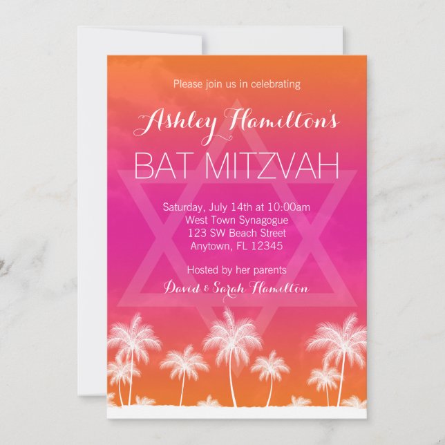 Convite Tropical Orange Pink Bat Mitzvah (Frente)