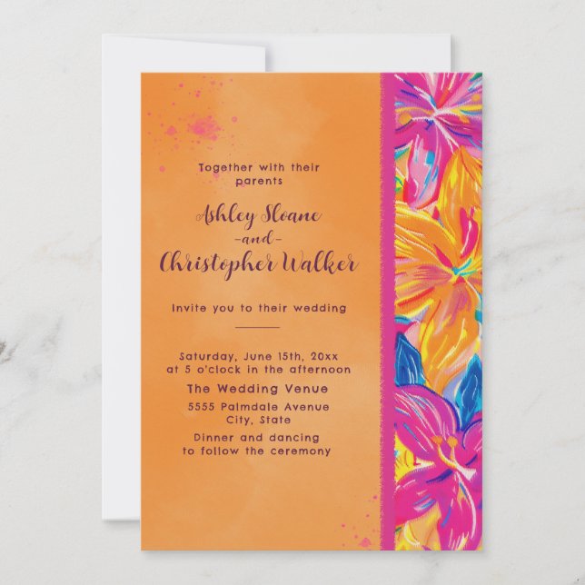 Convite Tropical Orange Pink Watercolor Floral Wedding (Frente)