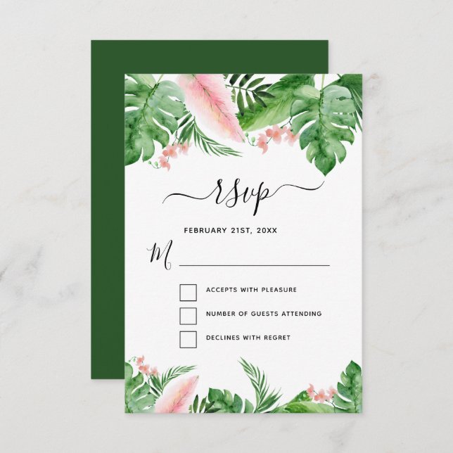Convite Tropical Palm Floral Watercolor Casamento RSVP (Frente/Verso)