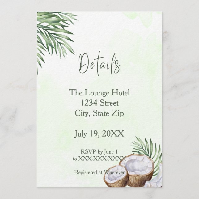 Convite Tropical Palm Leaf & Coconut Details Card (Frente)