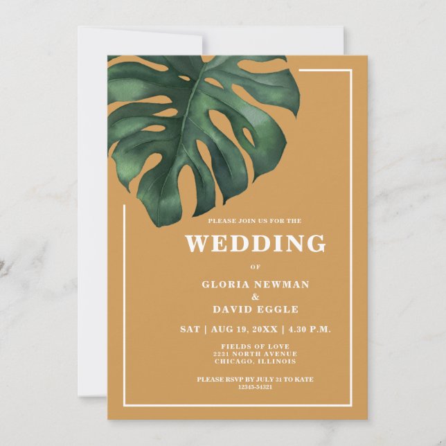 Convite Tropical Palm Leaf Monstera Wedding Invitation (Frente)