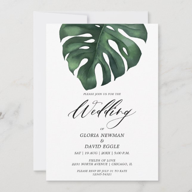 Convite Tropical Palm Leaf Monstera Wedding Invitation (Frente)