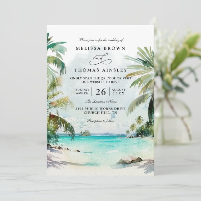 Convite Tropical Palm Trees Beach Scene QR Code Wedding (Em pé/Frente)