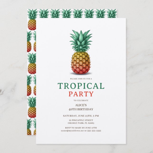 Convite Tropical Party with retro pineapple Invitation (Frente/Verso)