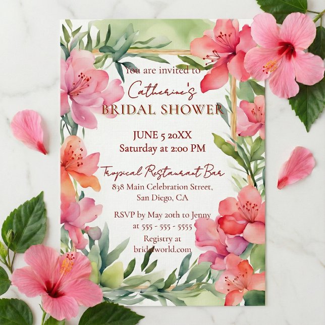 Convite Tropical Pink Floral Greenery Gold Bridal Shower (Criador carregado)